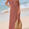 Womens Summer Dresses Ribbed Knit Henley Short Sleeve Maxi Dress Button Up Loose Slit Beach Vacation Sundress