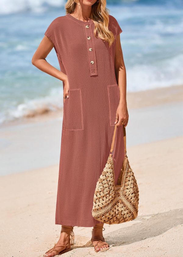Womens Summer Dresses Ribbed Knit Henley Short Sleeve Maxi Dress Button Up Loose Slit Beach Vacation Sundress
