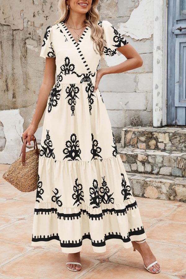 81xiUWJ8BzL.jpg Womens 2025 Summer Casual V Neck Boho Maxi Dress Flowy Aline Bell Sleeve Tiered Floral Dresses with Pocket