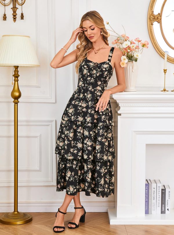 Women's Floral Maxi Dress Summer Wedding Guest Dress Tiered Sleeveless Lace Up Corset Sundress