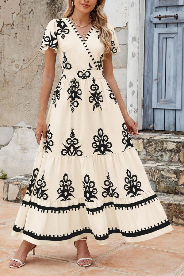 81yWO7AqZBL.jpg Womens 2025 Summer Casual V Neck Boho Maxi Dress Flowy Aline Bell Sleeve Tiered Floral Dresses with Pocket