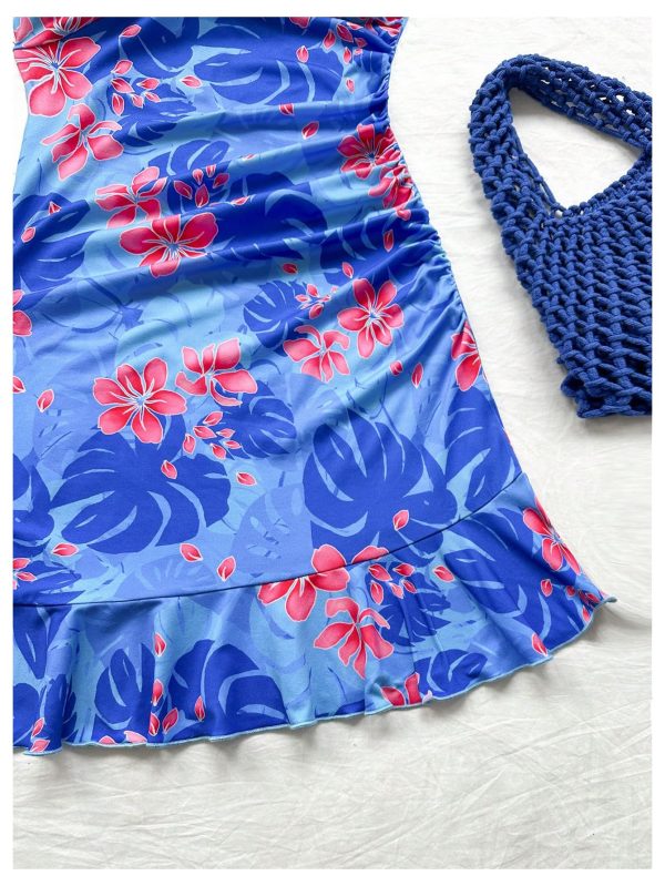 Women's Summer Tropical Twist Front Ruched Ruffle Hem Bodycon Cami Dress