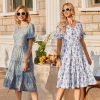 Women's Summer Dresses Midi Tiered Casual Dress Floral V Neck Ruffle Short Sleeve Flowy Beach Dress with Pockets