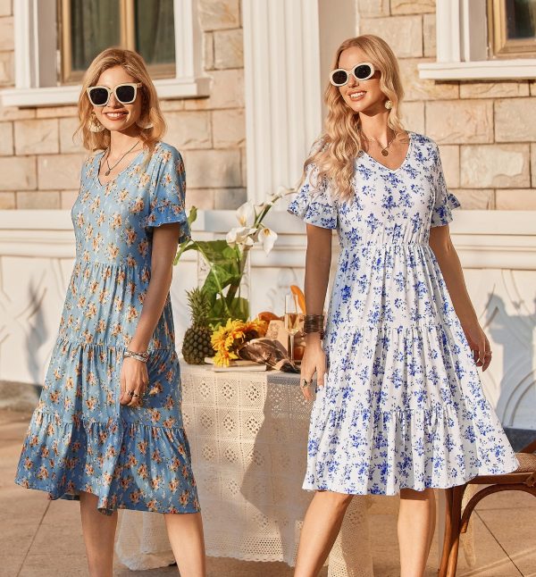 Women's Summer Dresses Midi Tiered Casual Dress Floral V Neck Ruffle Short Sleeve Flowy Beach Dress with Pockets