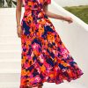Women's Summer Maxi Dress Casual Wrap Floral Boho Short Sleeve V Neck Split Ruffle Beach Long Dresses