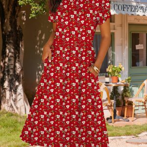Women's Summer Short Sleeve A-Line Midi Dresses Casual Floral T-Shirt Dress Flowy Beach Sundress with Pockets