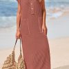 Womens Summer Dresses Ribbed Knit Henley Short Sleeve Maxi Dress Button Up Loose Slit Beach Vacation Sundress