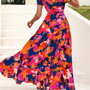 Women's Summer Maxi Dress Casual Wrap Floral Boho Short Sleeve V Neck Split Ruffle Beach Long Dresses