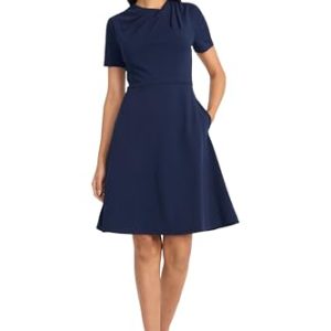 Women's A-line Short Sleeve Gathered Neckline Knee Length Business Casual Cocktail Wedding Guest Dress