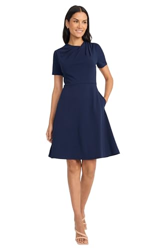 Women's A-line Short Sleeve Gathered Neckline Knee Length Business Casual Cocktail Wedding Guest Dress