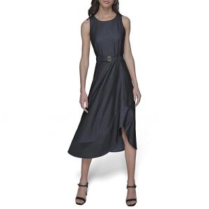 Women's Belted Scoop Neck Sleeveless Midi Dress
