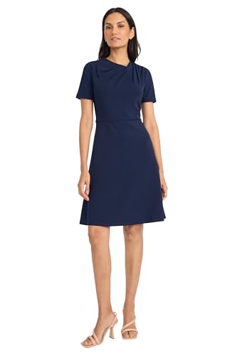 Women's A-line Short Sleeve Gathered Neckline Knee Length Business Casual Cocktail Wedding Guest Dress