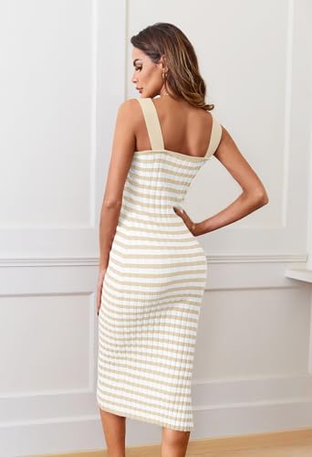 Women's 2025 Summer Bodycon Midi Dress Vacation Sleeveless Ribbed Knit Striped Sweater Dresses