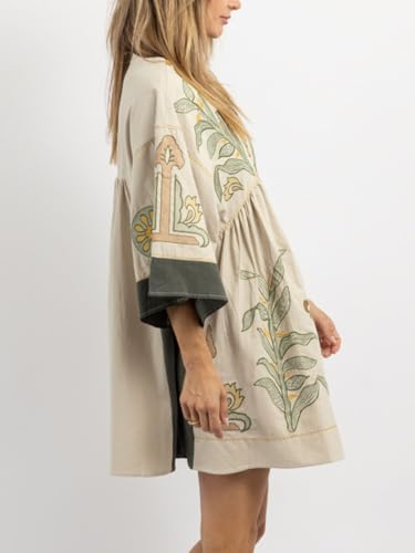 Womens Oversized Embroidered Dress with V-Neck and 3/4 Sleeves Vintage Embroidery Babydoll Dress