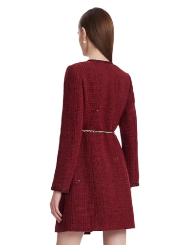 Formal Mini Dress Long Sleeve Crewneck Button Up Tweed Dress for Women with Metal Button