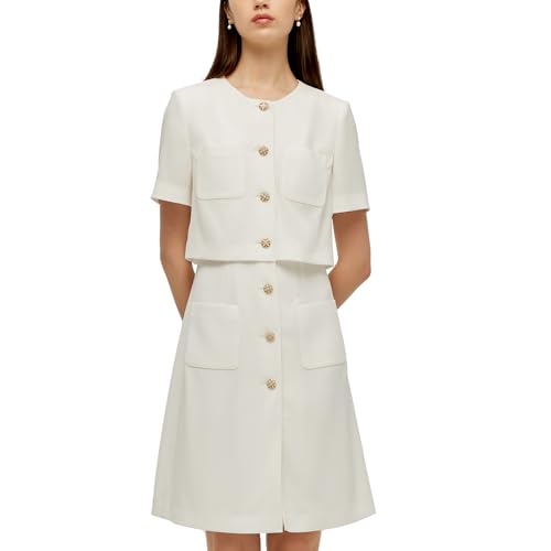 Women's Triacetate Mini Dress Summer Business Casual A Line V-Neck Button Dresses for Wedding Guest Teacher Work