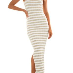 Women's 2025 Summer Bodycon Midi Dress Vacation Sleeveless Ribbed Knit Striped Sweater Dresses
