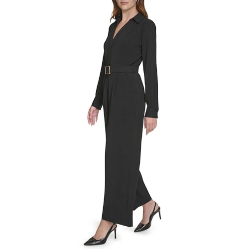 Womens Long Sleeve Belted Casual Collared Jumpsuit