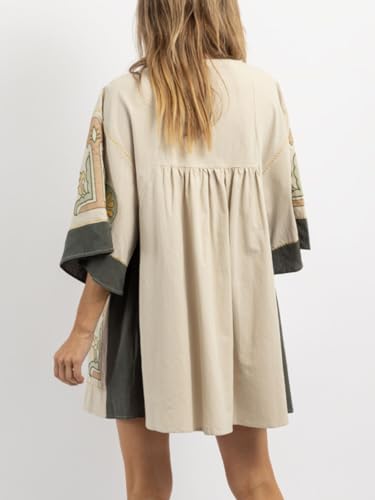 Womens Oversized Embroidered Dress with V-Neck and 3/4 Sleeves Vintage Embroidery Babydoll Dress