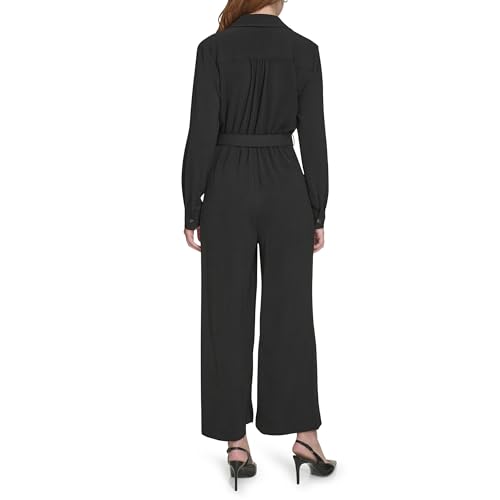 Womens Long Sleeve Belted Casual Collared Jumpsuit