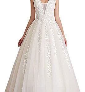 Women's Wedding Dress for Bride Lace Applique Evening Dress V Neck Straps Ball Gowns