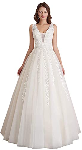 31hXps67bkL.jpg Women's Wedding Dress for Bride Lace Applique Evening Dress V Neck Straps Ball Gowns