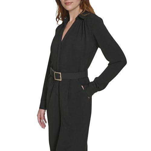 Womens Long Sleeve Belted Casual Collared Jumpsuit