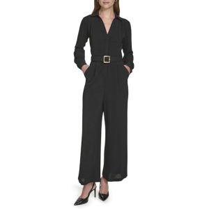 Womens Long Sleeve Belted Casual Collared Jumpsuit