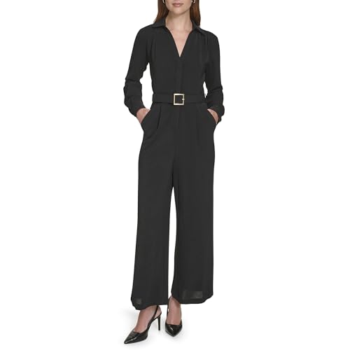 Womens Long Sleeve Belted Casual Collared Jumpsuit