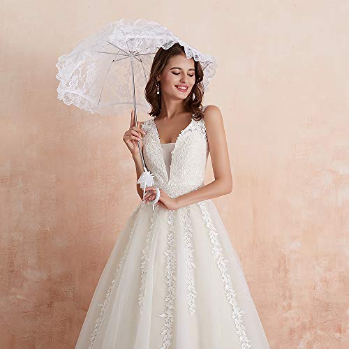 415YsP0FSyL.jpg Women's Wedding Dress for Bride Lace Applique Evening Dress V Neck Straps Ball Gowns