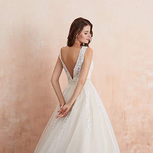 416TSvrmQyL.jpg Women's Wedding Dress for Bride Lace Applique Evening Dress V Neck Straps Ball Gowns