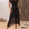 Women's 2025 Summer Floral Print Vintage Goth Dress Mesh Spliced Double-Layered Irregular Hemline Midi Dress