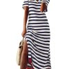 Summer Dress Casual Womens Fashion Short Sleeve Maxi Dress T Shirt Dress Striped Long Color Block Maxi Dress