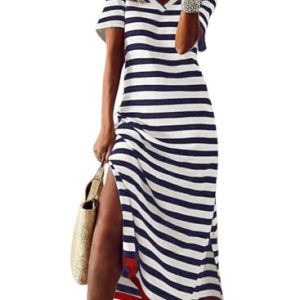 Summer Dress Casual Womens Fashion Short Sleeve Maxi Dress T Shirt Dress Striped Long Color Block Maxi Dress