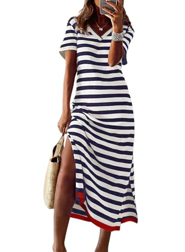 Summer Dress Casual Womens Fashion Short Sleeve Maxi Dress T Shirt Dress Striped Long Color Block Maxi Dress