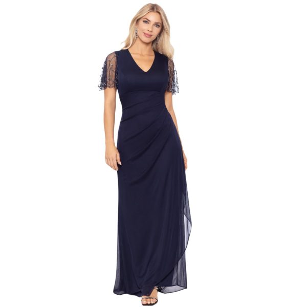 Women's Sheer Matte Jersey Maxi Dress with Beaded Sleeves and Side Ruching