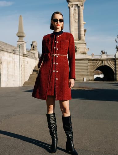 Formal Mini Dress Long Sleeve Crewneck Button Up Tweed Dress for Women with Metal Button