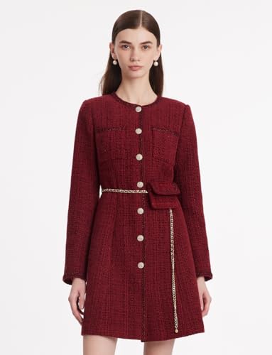 Formal Mini Dress Long Sleeve Crewneck Button Up Tweed Dress for Women with Metal Button