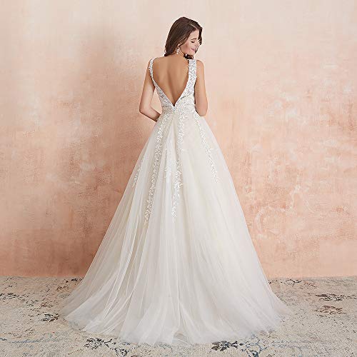 41Lt8vXcuwL.jpg Women's Wedding Dress for Bride Lace Applique Evening Dress V Neck Straps Ball Gowns