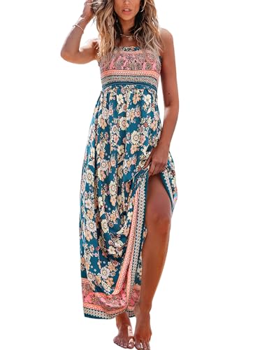 41M3YStZjL.jpg Women's Maxi Dress Ditsy Floral Smocked Summer Sundress Sleeveless Ruffled Spaghetti Straps Long Beach Formal Dress