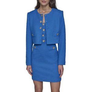 Women's Tweed Solid Scoop Neck Cropped Knit Blazer