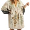 Womens Oversized Embroidered Dress with V-Neck and 3/4 Sleeves Vintage Embroidery Babydoll Dress