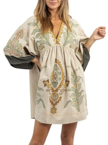 Womens Oversized Embroidered Dress with V-Neck and 3/4 Sleeves Vintage Embroidery Babydoll Dress