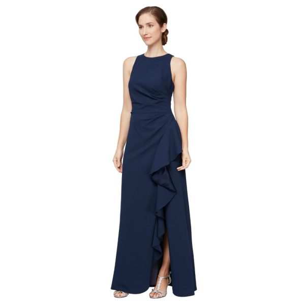 Women's Long Cascade Ruffle Sleeveless Leg Slit, Mother of The Bride Dress, Elegant Party Gown