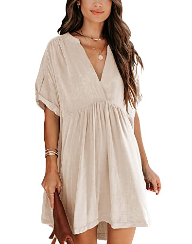 Women's Babydoll Short Sleeve Tunic Dress V Neck Cute Casual Loose Dresses