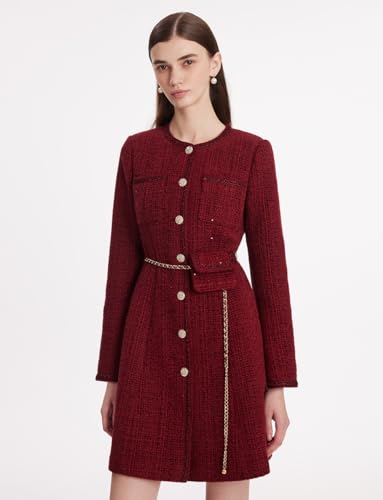 Formal Mini Dress Long Sleeve Crewneck Button Up Tweed Dress for Women with Metal Button