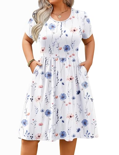 Womens Plus Size Summer Dress Short Sleeve Casual Mini Dresses Empire Waist T-Shirt Dress with Pockets