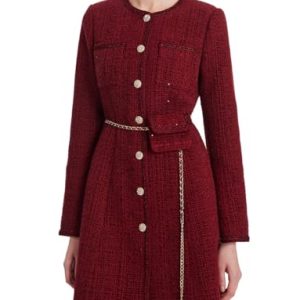Formal Mini Dress Long Sleeve Crewneck Button Up Tweed Dress for Women with Metal Button