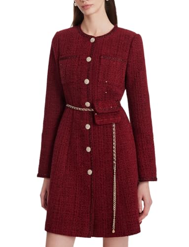 Formal Mini Dress Long Sleeve Crewneck Button Up Tweed Dress for Women with Metal Button