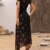 Women's 2025 Summer Floral Print Vintage Goth Dress Mesh Spliced Double-Layered Irregular Hemline Midi Dress
